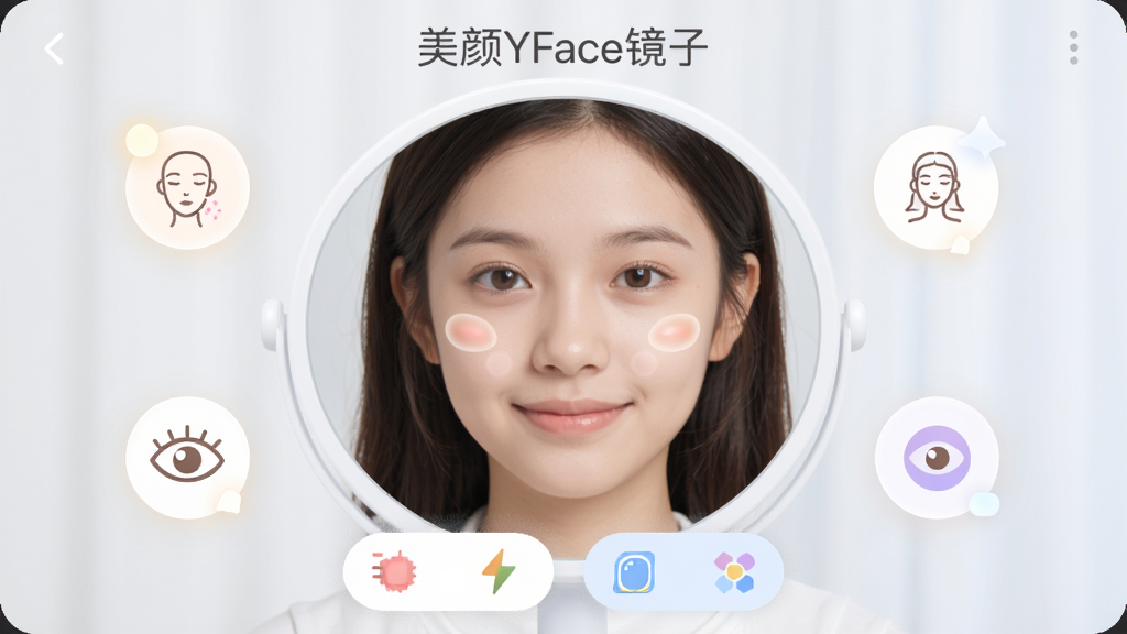 һ����Ϊ����YFace���ӵ��ֻ�Ӧ�ý��棬������һ��Բ�εľ���Ч����������ʾһλ����Ů����Ȼ���պ���沿����Χ��������⡢���������ۡ��˾��ȹ���ͼ�꣬����Ϊ���½ṹ���Ϸ���Ӧ�����ơ�����YFace���ӡ����·��ǹ��ܰ�ť���Ű��࣬��������ִ���ϸ��Բ�󣬻��ʸɾ����޶���Ԫ��