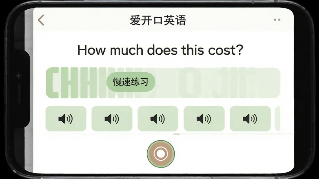 һ���ֻ������ͼ��չʾ��������Ӣ��ĸ�����ϰҳ�棬�Ϸ���Ӣ�ľ��ӡ�How much does this cost?�����·������ٷ�����ť��¼����ť���м��е��ʲ������ÿ�������Ա���С����ͼ�꣬�����԰�ɫ�͵���ɫΪ������������������Լ�ɾ�