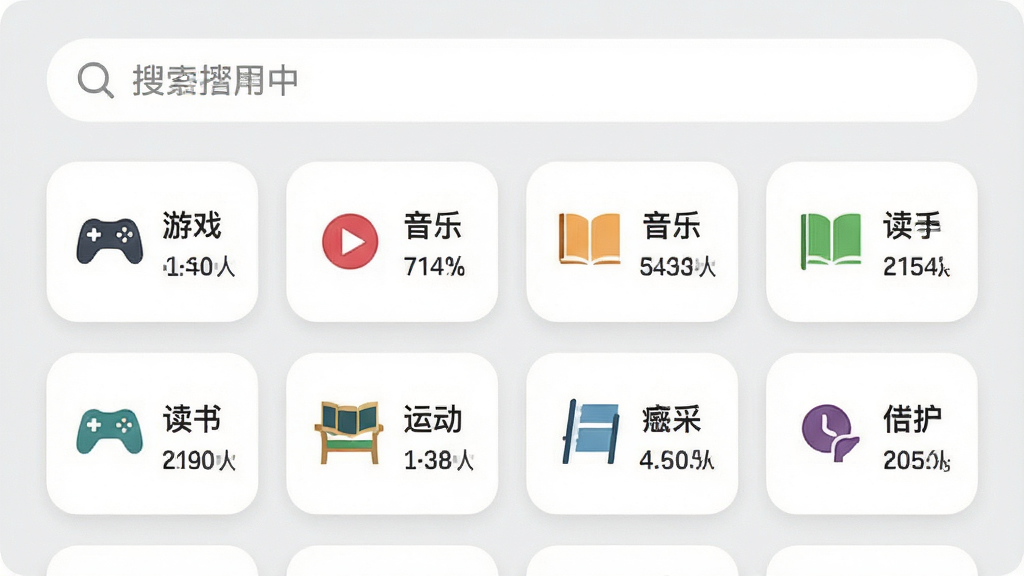 星搭应用内兴趣圈子页面展示,顶部搜索栏下方排列游戏、音乐、读书、运动等兴趣标签卡片,每个卡片有对应图标和人数显示,背景为浅灰色,卡片为白色圆角矩形,风格清新简洁,画质干净无多余元素