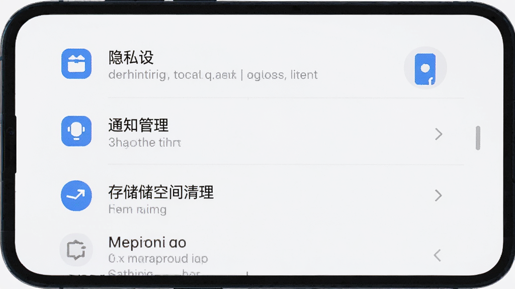 手机屏幕上显示星搭应用设置页面,包含隐私设置、通知管理、存储空间清理等选项列表,界面为白色背景,选项图标为蓝色和灰色,布局清晰,风格简洁,画质干净无多余元素