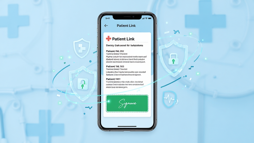 һ�ż��������ֻ�Ӧ�ý���չʾͼ������������Patient Link�ĵ���֪��ͬ����ǩ��ҳ�棬�����Ǹɾ���ǳ��ɫҽ�Ʒ��ҳ����ʾ��һ���������ĵ�ժҪ����Ŀ����ɫǩ��������Χ�����Ŵ������ݰ�ȫ�Ϳ��ٴ���ĳ����������������ִ���רҵ�����˰��ģ������������޶���Ԫ��