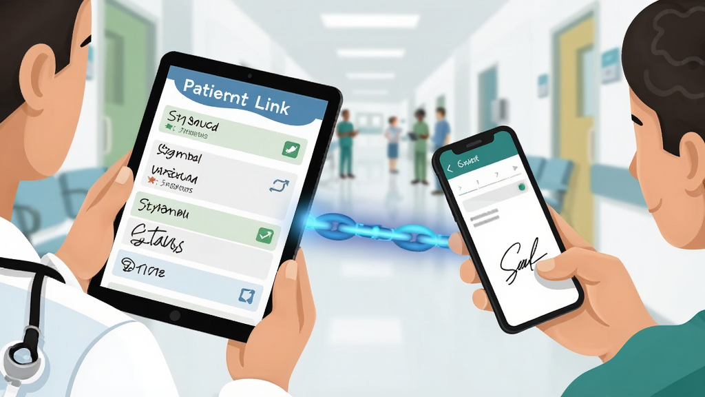 һ��չʾPatient Linkʵʱͬ�����ܵĲ廭�����������ҽ���ֳ�ƽ����Բ鿴��ǩ��״̬�б����Ҳ��ǻ����ֳ��ֻ��ո����ǩ���������м���һ���������ɫ���������ӣ�������ģ����ҽԺ���ȳ��������ƫ���ƽ���Ƽ��У�ɫ����������Ϊ�������ʸɾ�����