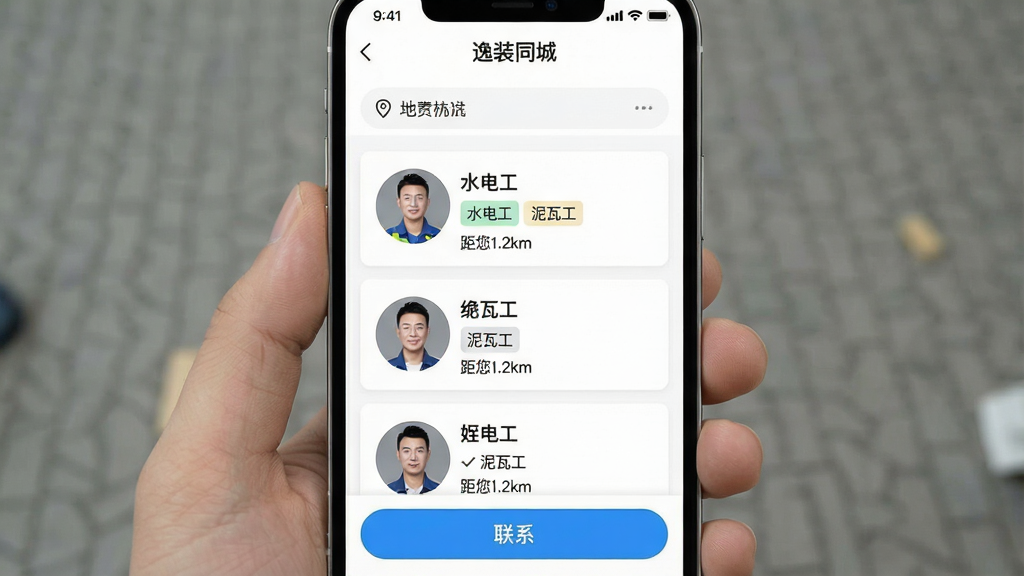 һ���ֻ���Ļ��ͼ����ͼƬ������չʾ����װͬ�ǡ�APP��ʦ���б�ҳ��������λ��ɸѡ�����м�������ʦ���ĸ��˿�Ƭ����Ƭ����ͷ�����������ֱ�ǩ�硰ˮ�繤�������߹����;�����ʾ������1.2km�����ײ�����ϵ��ť�����屳����ɫ�����������������ʵ�ã����ʸɾ�