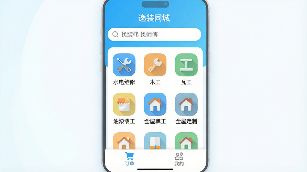 һ���ֻ�Ӧ�ý���չʾͼ�����������ǡ���װͬ�ǡ�APP����ҳ��������������ǳ��ɫ���䣬����������д�š���װ�� ��ʦ�������м����������еķ���ͼ�꣬����ˮ��ά�ޡ�ľ�����߹������Ṥ��ȫ�ݶ��Ƶȣ��ײ��Ƕ������ҵ�����ѡ����������ִ���Լ��ƽ��ͼ��Բ�����������ʸɾ��޶���Ԫ��