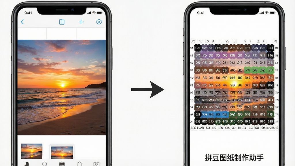 һ��չʾƴ��ͼֽ��������App��һ�ŷ羰��Ƭת����ƴ��ͼֽ���̵Ĺ���չʾͼ������������ֻ������һ��ɫ�ʷḻ�����亣̲��Ƭ���м�һ����ͷָ���Ҳ���ֻ���Ļ����Ļ����ת����ɵ�ƴ��ͼֽ����ÿ��С��������˶�Ӧ��ɫ������ɫ�����֣�����ײ��С�ƴ��ͼֽ�������֡���������������ֱ�ۣ����ʸɾ�����