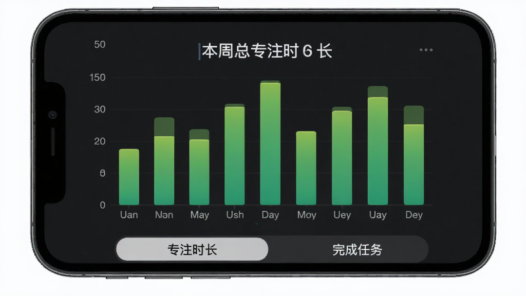 ��ʱ����ͳ��ҳ�棬�ֻ���Ļ��ʾһ�ܵ���״ͼ����״ͼ��ɫΪ�������ɫ���·��С�רעʱ�����͡��������������ǩҳ��ͼ���Ϸ���ʾ������רעʱ��������ɾ����࣬����ƽ������������