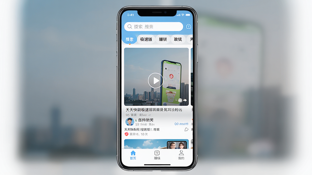 һ��չʾ�����ˢ���ٰ�APP�������ͼƬ�������������ֻ���Ļ����Ļ����ʾ�����ˢ���ٰ����ҳ����������������Ƶ�����࣬�м�����������Ƶ��Ϣ�����ײ�����ҳ��׬Ǯ���ҵ�����������ť�������������죬�԰�ɫ��ǳ��ɫΪ��ɫ��������ɾ����࣬�޶���Ԫ�أ����廭��