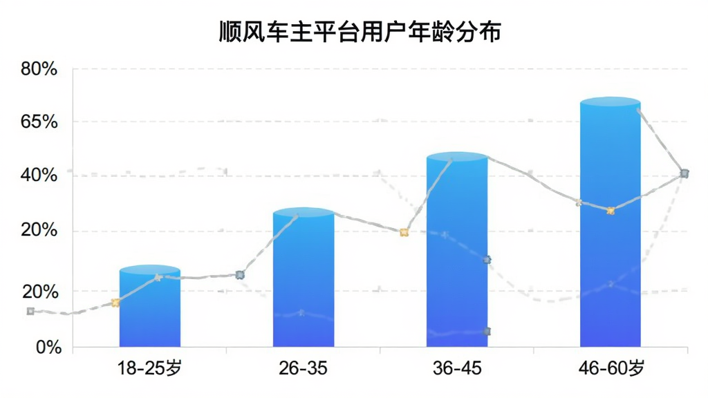 ˳�糵��ƽ̨�û�����ֲ���״ͼ������Ϊ�����18-25�ꡢ26-35�ꡢ36-45�ꡢ46-60�꣬����Ϊ�û�ռ�Ȱٷֱȣ���״��ɫΪ��ɫ���䣬ͼ������Ϊ��˳�糵��ƽ̨�û�����ֲ�������������ݿ��ӻ�����������