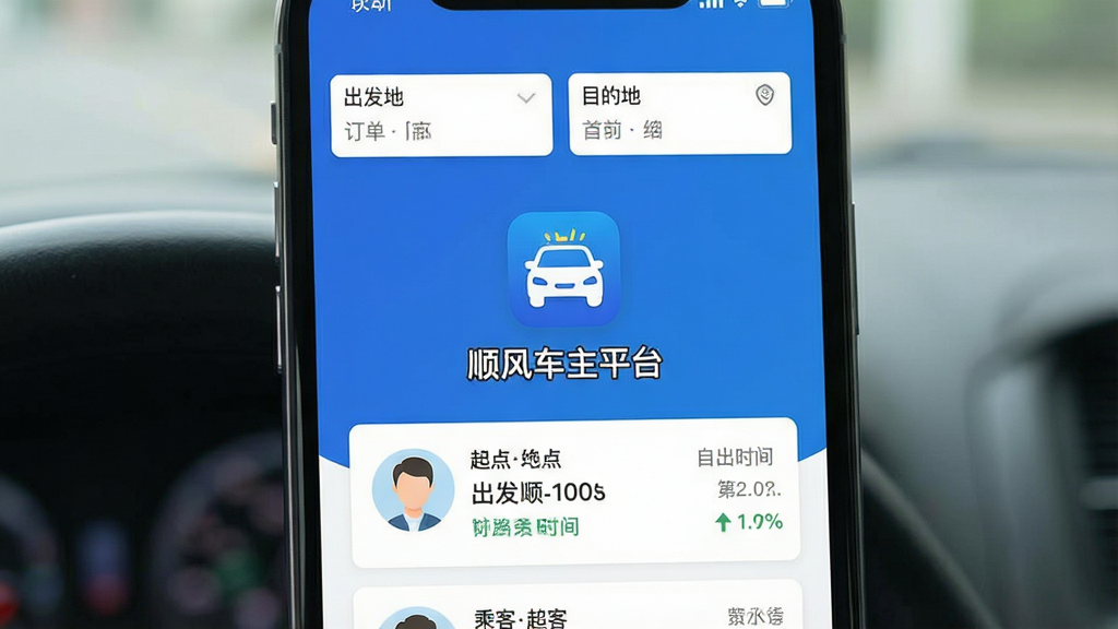 һ���ֻ���Ļչʾ˳�糵��ƽ̨APP�����棬���������ǡ�˳�糵��ƽ̨��Ӧ��ͼ������ƣ����沼��Ϊ�����б���Ƭʽ��ƣ������г����غ�Ŀ�ĵ�����򣬿�Ƭ����ʾ�˿�ͷ������յ㡢����ʱ���˳·�Ȱٷֱȣ���ɫ������Ϊ����������ִ���ƽ����ϸ�����������ʸɾ��޶���Ԫ��