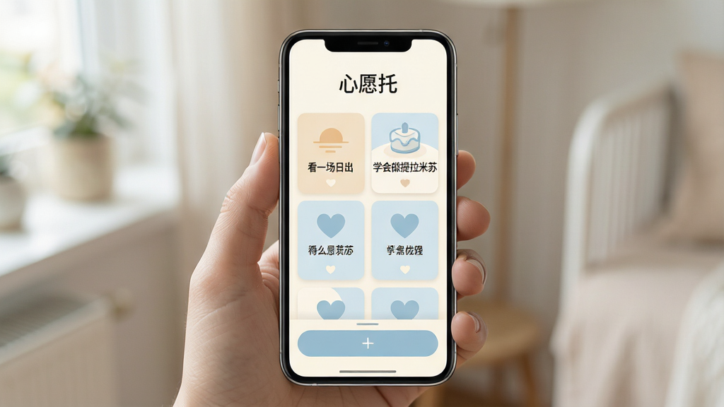 һ��չʾ�ֻ���Ļ��ͼƬ����Ļ�����ǡ���Ը�С�Ӧ�õ������棬���������͵��װ��뵭����ɫ�������С���Ը�С������ֵı��⣬�м���һ���������������Ը��Ƭ����Ƭ��д�š���һ���ճ�����ѧ�����������ա������֣��ײ������Ӱ�ť�����岼�ּ����ˬ�������ܰ���������������ɾ����޶���Ԫ��