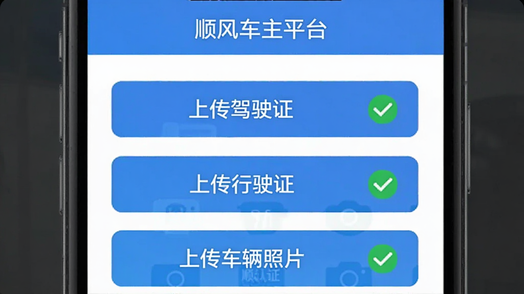 һ��չʾ��˳�糵��ƽ̨��APP������֤ҳ����ֻ���ͼ����������һ���������棬�С��ϴ���ʻ֤�������ϴ���ʻ֤�������ϴ�������Ƭ���İ�ť��ÿ����ť�Ա�������ɵ���ɫ�Թ�ͼ�꣬�����࣬����ִ������ʸɾ��޶���Ԫ�ء�