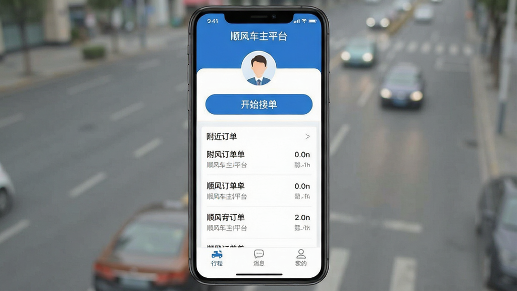һ��չʾ��˳�糵��ƽ̨��APP��������ֻ���Ļ��ͼ������������APP��ҳ��������ʾ��˳�糵��ƽ̨�������ͳ���ͷ���м�����Ŀ�ġ���ʼ�ӵ�����ť�͸��������б����ײ��ǡ��г̡�������Ϣ�������ҵġ���������ͼ�꣬���岼��������������ִ���������ɫ�����ʸɾ��޶���Ԫ�ء�
