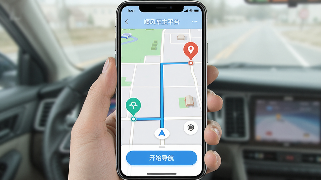 һ��չʾ��˳�糵��ƽ̨��APP�������ܵ��ֻ������ͼ����������һ����ͼ�������棬�����յ�����Ŀ��ͼ���ע���м���·�����ߣ���Ļ�·��С���ʼ��������ť����ͼ����࣬��ɫ���������ʸɾ��޶���Ԫ�ء�