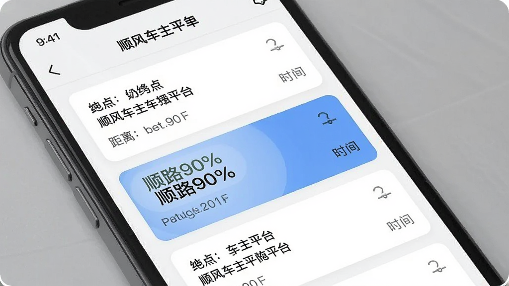 һ��չʾ��˳�糵��ƽ̨��APP�����б�ҳ����ֻ���ͼ�������������ֻ���Ļ�ϵĶ�����Ƭ�б���ÿ�ſ�Ƭ��ʾ����յ㡢�����ʱ�䣬����һ�ſ�Ƭ��������ע��˳·90%���������Ǽ��İ�ɫ������ִ���ƽ���������������ʸɾ��޶���Ԫ�ء�