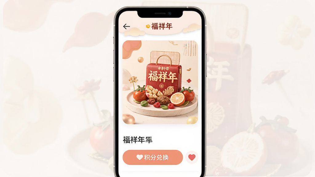 һ��չʾ�ֻ���Ļ�ϡ������ꡱApp��Ʒ����ҳ��ͼƬ����������һ����Ʒ�Ĵ�ͼչʾ���·�����Ʒ���ƺͻ��ֶһ���ť���Ա��������ղ�ͼ�꣬ҳ�涥���з��ؼ�ͷ���������࣬��ɫ��ͣ����ʸɾ����޶���Ԫ��