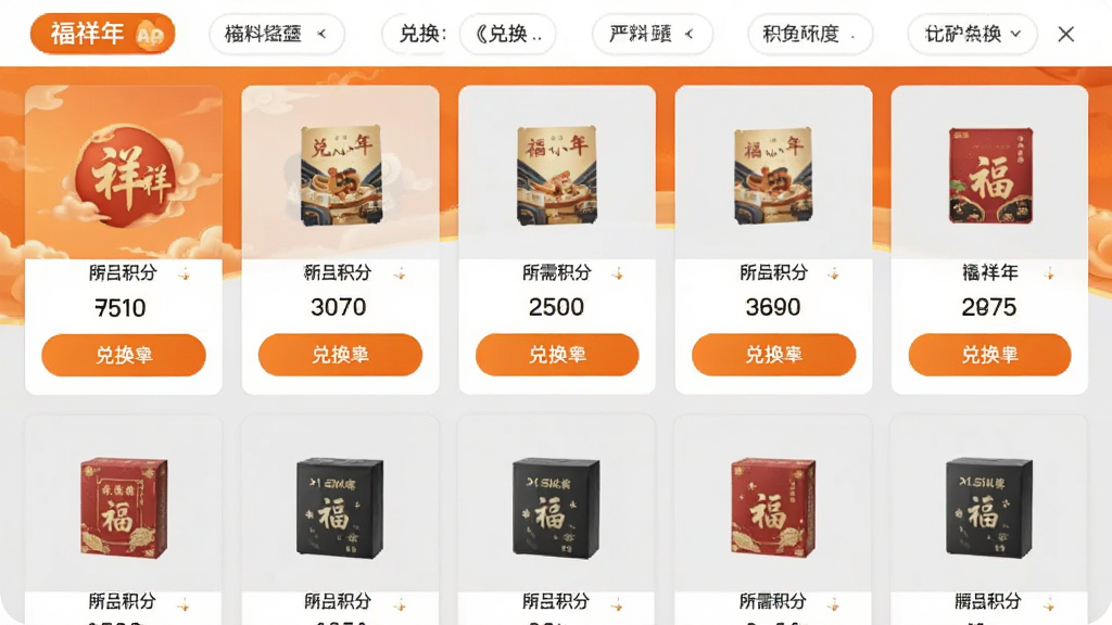 һ��չʾ�������ꡱApp���ֶһ��̳ǵ�ͼƬ�������������Ŷ����Ʒ��Ƭ��ÿ�ſ�Ƭ�ϱ�ע��������ֺͶһ���ť�������з���ɸѡ�������岼�����룬��ɫ�Գ�ɫ��ǳ��Ϊ�������ɾ��������������޶���Ԫ��