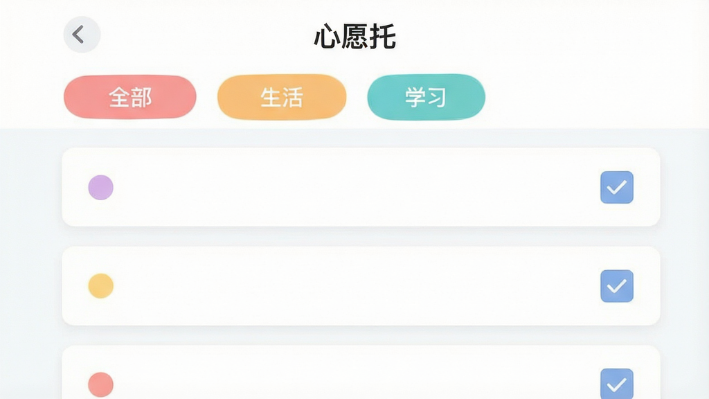 һ�š���Ը�С�Ӧ���ڲ�����Ľ�ͼ���廭������չʾ�����ǩ����ҳ�棬�����С�ȫ���������������ѧϰ���Ȳ�ɫ��ǩ�����·����������е���Ը��Ƭ�б���ÿ�ſ�Ƭ����в�ɫԲ���ǣ��Ҳ������״̬�Ĺ�ѡ�򣬲���Ϊ���½ṹ�����Ϊ�ִ���Լ��ƽ����ϸ���ϱ�ǩ��ɫ��ͣ���Ƭ�����ȣ����ʸɾ��޶���Ԫ�ء�