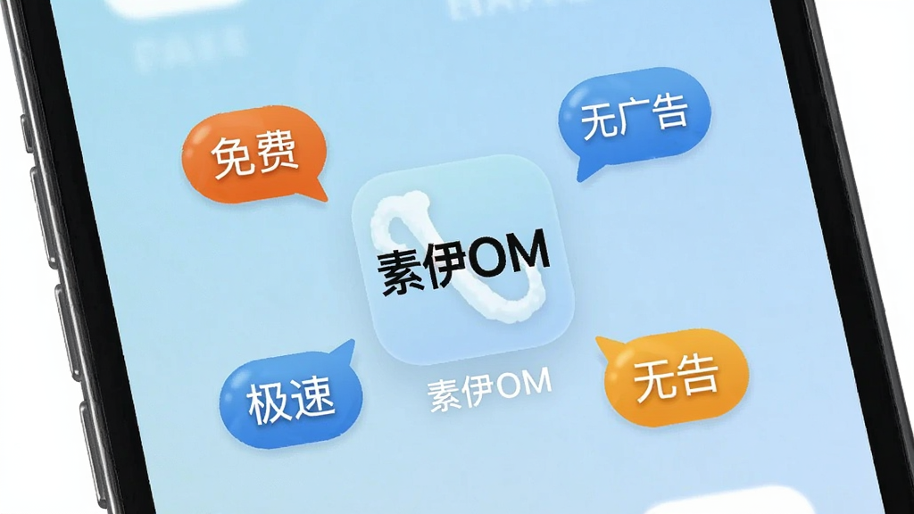 一张手机屏幕画面,画面中“素伊OM”的图标位于屏幕中央,周围环绕着“免费”“无广告”“极速”等字样的小气泡,背景为浅蓝色渐变,风格清新简洁,画质干净