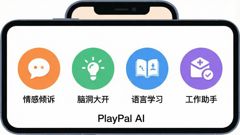 һ��չʾPlayPal AI�ೡ��ģʽ�л��Ĳ�ͼ��������һ���ֻ���Ļ����Ļ����ʾģʽѡ����棬���������ĸ�Բ��ͼ�꣬�ֱ��ע��������ߡ����Զ��󿪡�������ѧϰ�����������֡���ͼ���·��С�PlayPal AI���������Ű���ú������в��֣�ͼ���Сһ�¡����Ϊ�ִ���ƽ����Ʒ磬ɫ���Գ�ɫ����ɫ����ɫ����ɫΪ����ϸ��Բ�󣬻��������޶���Ԫ�ء�