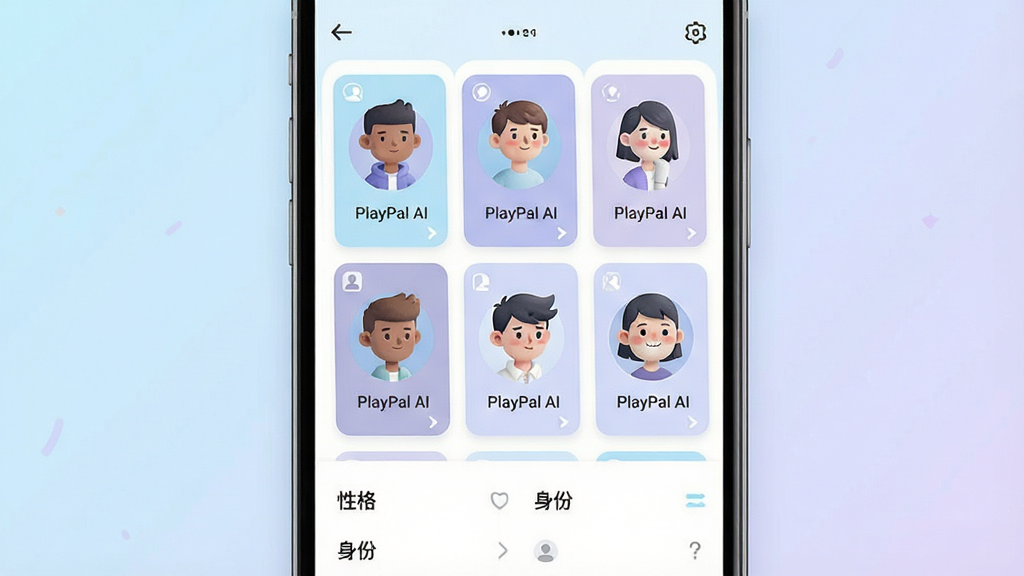 һ��չʾPlayPal AI��ɫ�Զ���ϵͳ�Ĳ�ͼ��������һ���ֻ���Ļ����Ļ����ʾ��ɫ�������棬�������ж����ͬ���Ľ�ɫͷ��Ƭ����Ƭ��д�š�PlayPal AI�����·��С��Ը񡱡����ݡ�������ѡ��Ű��������״���֣���Ƭ�������롣���Ϊ���¼�Լ��UI��Ʒ磬ɫ����ǳ�������ϺͰ�ɫΪ����ϸ�ھ��£����ʸɾ��޶���Ԫ�ء�