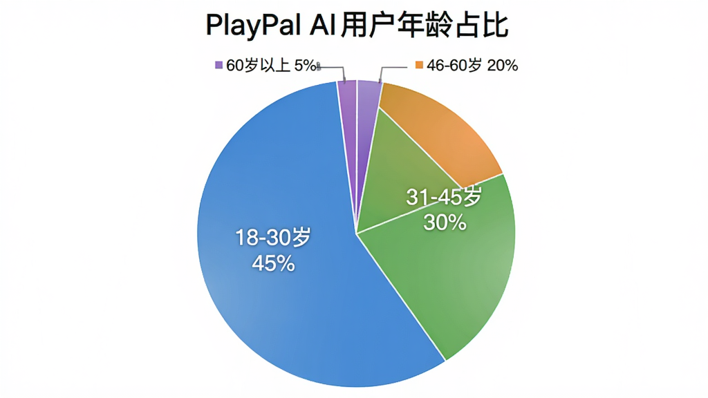 һ��չʾPlayPal AI�û�����ֲ��ı�״ͼ��ͼ������Ϊ��PlayPal AI�û�����ռ�ȡ�����ͼ��Ϊ�Ŀ飬�ֱ��ע��18-30�� 45%����31-45�� 30%����46-60�� 20%����60������ 5%����ͼ������Ϊ��ɫ����ͼ��ɫΪ��ɫ����ɫ����ɫ����ɫ���Ű���У����Ϊ�������ݿ��ӻ��磬ϸ�����������ʸɾ��޶���Ԫ�ء�