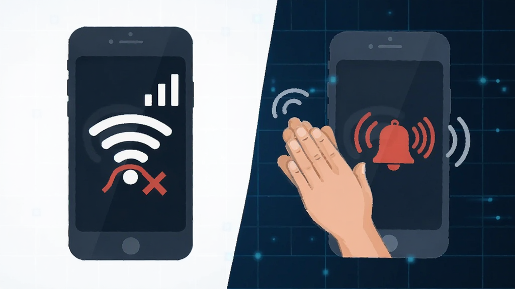 һ����Ϣͼ���Ĳ廭��չʾһ���ֻ����������ź�ͼ������Ȼ������Ӧ����������������WiFi�Ͽ����ź��ֻ���������γɶԱȣ�����Ϊ����ɫ�Ƽ����񣬷�������������ʸɾ����޶���Ԫ��