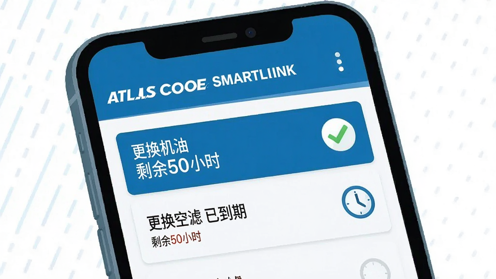 һ��չʾ Atlas Copco SMARTLINK �����ƻ��������ܵ�ͼƬ��������һ���ֻ���ʾ�ű��������б��������С��������� ʣ��50Сʱ���͡��������� �ѵ��ڡ�����Ŀ���Ա���һ���򹴵����ͼ���ʱ��ͼ�꣬������Ϊ��ˬ������廭����ɫ������Ϊ�������������ɾ����޶���Ԫ��