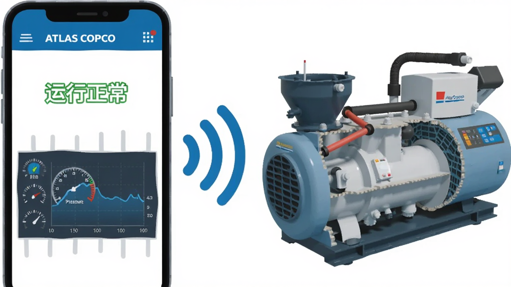 һ��չʾ Atlas Copco SMARTLINK Զ�̼�ع��ܵ�ͼƬ�����������һ���ֻ���ʾ��ʵʱ�����Ǳ��̣��Ҳ���һ̨��ҵ��ѹ��������ʾ�⣬�м��������źŲ������ӣ��ֻ���Ļ������ɫ�ġ�����������������ѹ������ͼ��������Ϊ��ƽ���Ƽ��廭����ɫ�����׻�Ϊ�������������ɾ����޶���Ԫ��