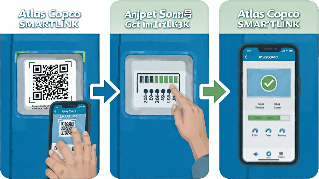 һ��չʾ Atlas Copco SMARTLINK ���ֲ��������ͼƬ�������Ϊ����������壬��һ�����ֻ�ɨ���豸�����ϵĶ�ά�룬�ڶ������������кŰ󶨣�����������������ʾ�豸���ߣ�ÿ�����趼�м���ͼ��ͼ�ͷָ����������Ϊ��ƽ���̳̲廭����ɫ��������Ϊ�������������ɾ����޶���Ԫ��