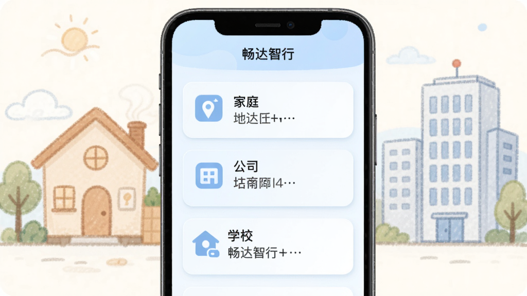 �������г��õ�ַ�������棬�ֻ���Ļ��ʾ��ͥ����˾��ѧУ�ȱ�ǩ��Ƭ��ÿ����Ƭ�ж�Ӧͼ��͵�ַ���֣���������ܰ�ļҺͰ칫¥��ʻ������������ͣ�ǳ����ɫ���Ű����������ʸɾ���ͼƬ�����ְ������������С�