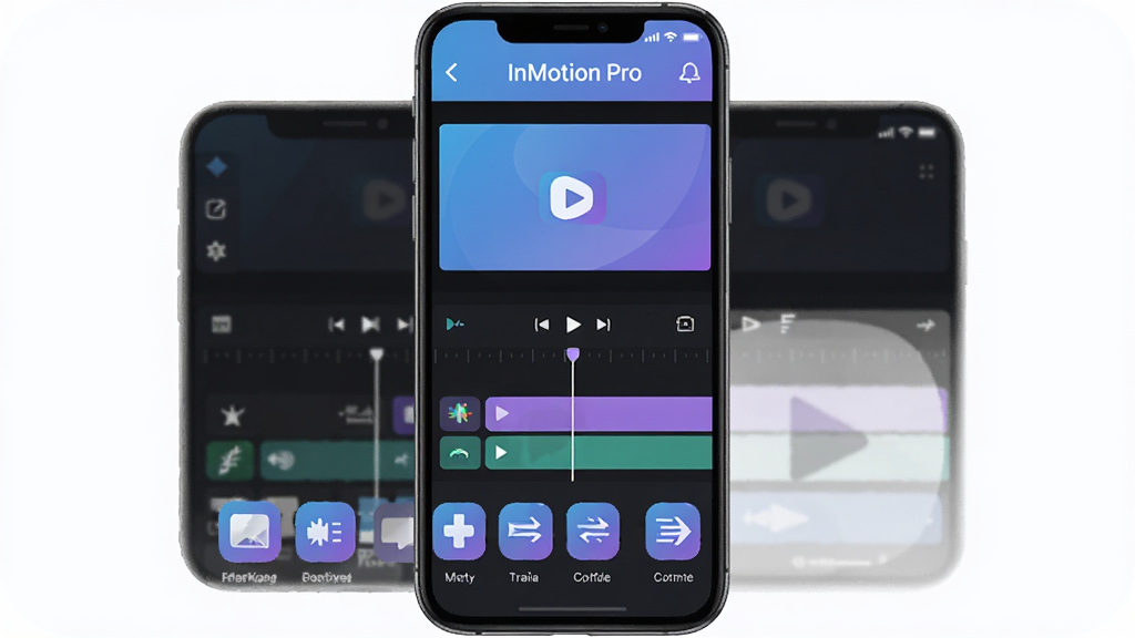 һ��չʾInMotion Pro�������Ľ����ͼƬ��������һ�������ֻ���Ļ����Ļ����ʾ��InMotion Pro����Ƶ�༭���棬�����Ϸ�����ƵԤ�����ڣ��м���ʱ���߹�����·��Ǹ�����Ч��ת��ͼ�꣬�Ű��������򣬷��Ϊ�ִ���ƽ����ƣ�ϸ����ͼ��Բ��ɫ�������Ͻ���Ϊ�������ʸɾ��������޶���Ԫ��