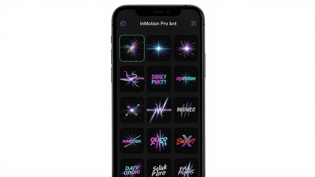 һ��չʾInMotion Pro��Ч���ͼƬ���������ֻ���Ļ�ϵ���Чѡ����壬����Ϊ����״���е���Ч����ͼ��ÿ������ͼչʾ��ͬ�Ķ�̬Ч�������ӡ���Ч�����ֶ������Ű����룬���Ϊ��ɫ��������޺�ɫͼ�꣬ϸ��������ͼ��̬��ǿ�����ʸ��壬�޶���Ԫ��
