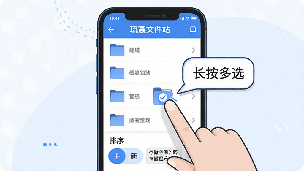 һ��չʾ�ֻ��ļ������������ɵĲ廭���������ֻ���Ļ��ʾ�ļ��б���һ����ָ���ڳ�����ѡ�ļ����Ա�����ʾ����д�š�������ѡ�����ײ�������ť�ʹ洢�ռ���ʾ������࣬������ɫ�����ʸɾ�����Ļ�����С�����ļ�վ������
