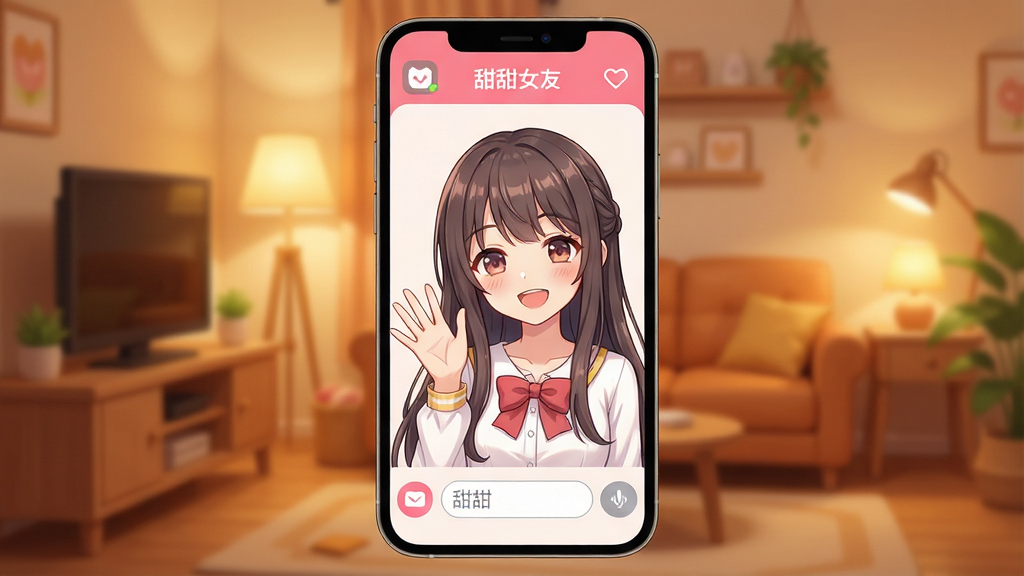 һ���ֻ���Ļչʾ���棬���������ǡ�����Ů�ѡ�App�����������棬��������ܰ��ůɫ�����䣬һλ����Ԫ��������Ů������������Ļ��΢Ц���֣���Ļ�·�������������������ť�����岼�ּ�����������Ϊ����Ԫ�����磬ϸ�ڰ���Բ���ͼ�����͵���Ӱ�����ʸ��壬�ɾ��޶���Ԫ�ء�