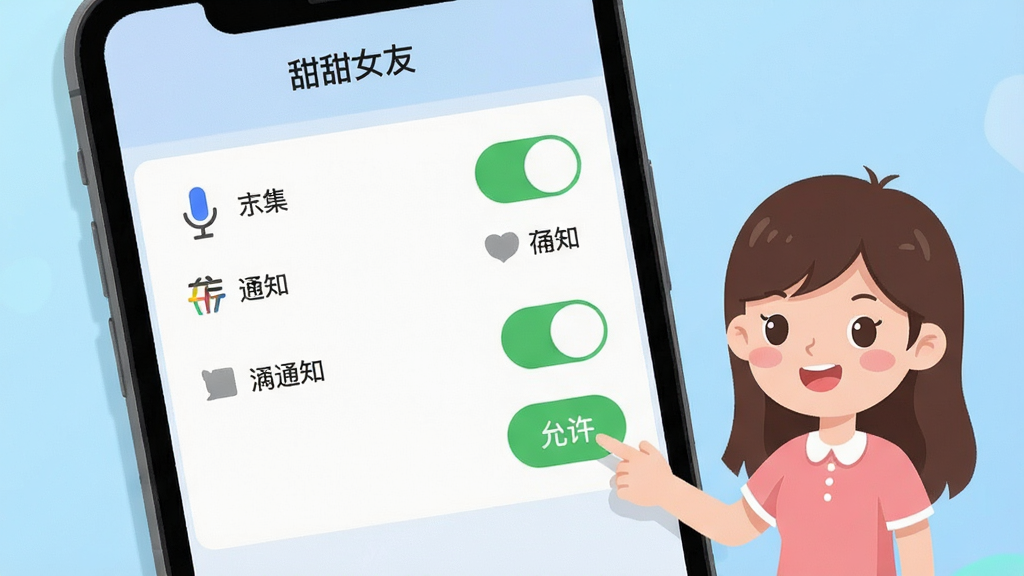 һ���ֻ���Ļ����ʾ������Ů�ѡ�App��Ȩ�����ý��棬����������˷硢�洢��֪ͨ��Ȩ�޿��أ��Ա���һ����ͨŮ����������ָ�š���������ť��������ǳ��ɫ���䡣���Ϊ��ƽ��UI���չʾ��ϸ�ڰ���������ͼ������ֱ�ǩ�����ʸɾ����޶���Ԫ�ء�