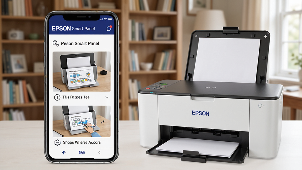 Epson Smart PanelӦ���еĹ����Ų��򵼽��棬�ֻ���Ļ��ʾ��ֽ��������ͼ�ģ��Ա��Ǵ򿪵Ĵ�ӡ��ǰ�ǣ������Ǽ�ͥ�鷿�����дʵ������ϸ�ڷḻ�����ʸɾ��޶���Ԫ��