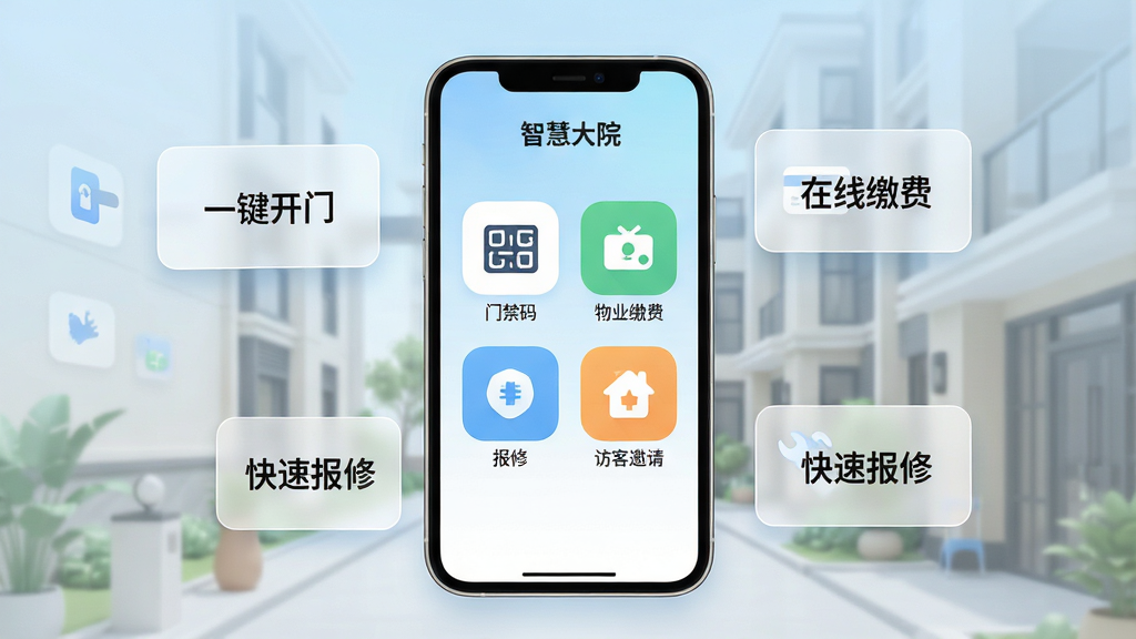 һ��չʾ���ǻ۴�Ժ��App���Ĺ��ܵ��ֻ�����ϼ�ͼ������������һ���ִ������ֻ�����Ļ����ʾ��App��ҳ�������С��ǻ۴�Ժ�����ֱ�ʶ����ҳ���ְ����Ž��롢��ҵ�ɷѡ����ޡ��ÿ������ĸ���Ҫ�������ͼ�꣬ͼ����Ϊ��ƽ��Բ����ƣ�������ǳ��ɫ����ɫ�Ľ��䣬�ֻ���Χ�����ż�����͸���Ĺ��ܿ�Ƭ���ֱ�д�š�һ�����š������߽ɷѡ������ٱ��ޡ����������ִ���࣬ɫ�����£����ʸɾ����޶���Ԫ��