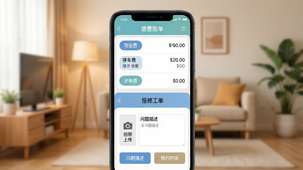 һ��չʾ���ǻ۴�Ժ��App��ҵ�ɷ��뱨�޹��ܵ��ֻ�����ͼ��������һ�������ֻ���Ļ��Ϊ���������֣��ϰ벿����ʾ�ɷ��˵��б����С���ҵ�ѡ���ͣ���ѡ���ˮ��ѡ���ǩ�ͽ��°벿����ʾ���޹������棬�����������ϴ�����������������ԤԼʱ�䡱��ť����������ܰ�ļҾӳ����黯�����Ϊ�ִ���ƽ����ɫ����ͣ����ʸɾ����޶���Ԫ��