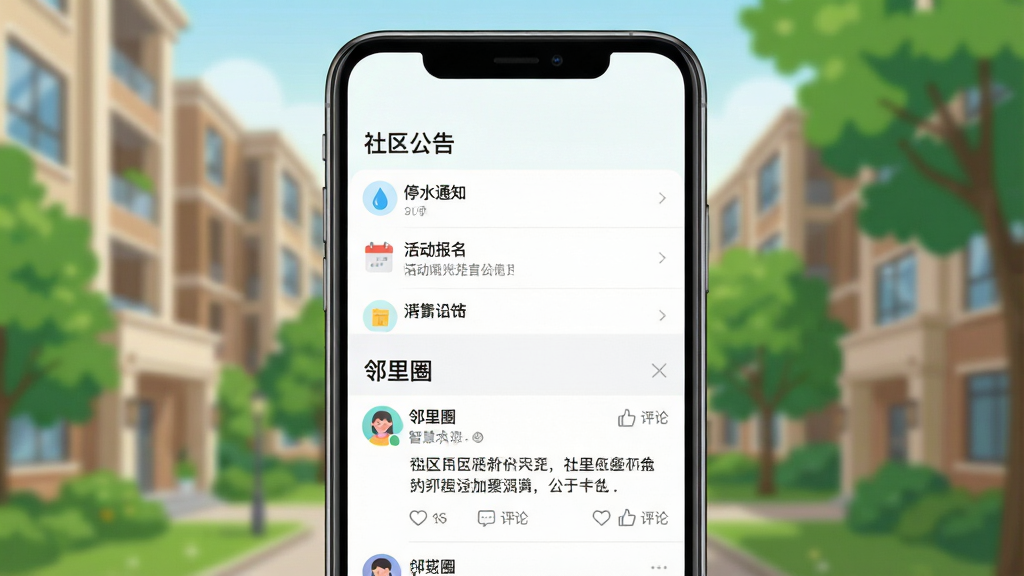 һ��չʾ���ǻ۴�Ժ��App�������������ﻥ�����ܵ��ֻ�����ͼ�����������������ֻ���Ļ���Ϸ���ʾ���������桱�б����С�ͣˮ֪ͨ���������������Ŀ���·��ǡ�����Ȧ����̬���������û�ͷ���������ݺ͵�������ͼ�꣬������԰��¥�����������黯���������Ϊ���±�ƽ����ɫ�����������ʸɾ����޶���Ԫ��