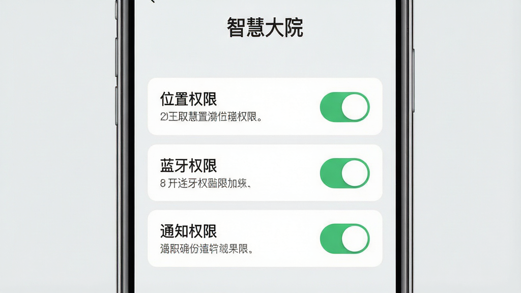 һ��չʾ���ǻ۴�Ժ��App������������������ֻ�ͼ��������һ�������ֻ���Ļ��ʾȨ������ҳ�棬������λ��Ȩ�ޡ�������Ȩ�ޡ���֪ͨȨ�ޡ����������ÿ�������Ա��м��˵�����֣������С��ǻ۴�Ժ�����ֱ�ʶ�������Ǽ���ǳ��ɫ�����Ϊ��ƽ����ƣ�ɫ�����������ʸɾ����޶���Ԫ��