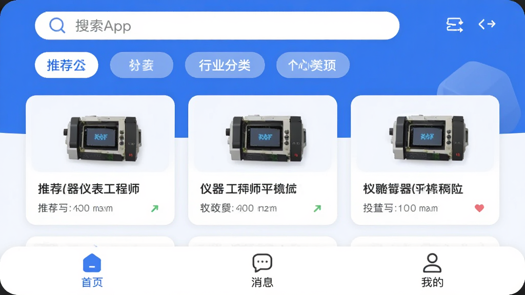��ƸApp����������Ƽ�࣬����ɫ�Ͱ�ɫΪ��ɫ����������ʾ���������ҵ�����ǩ���м�չʾ�Ƽ��������Ǳ�����ʦ��λ��Ƭ���ײ�Ϊ��ҳ����Ϣ���ҵ�����ѡ������岼�����������ֱ�ǩ��ȷ������ִ���ƽ��ϸ��Բ�󣬻��ʸɾ��޶���Ԫ�ء�