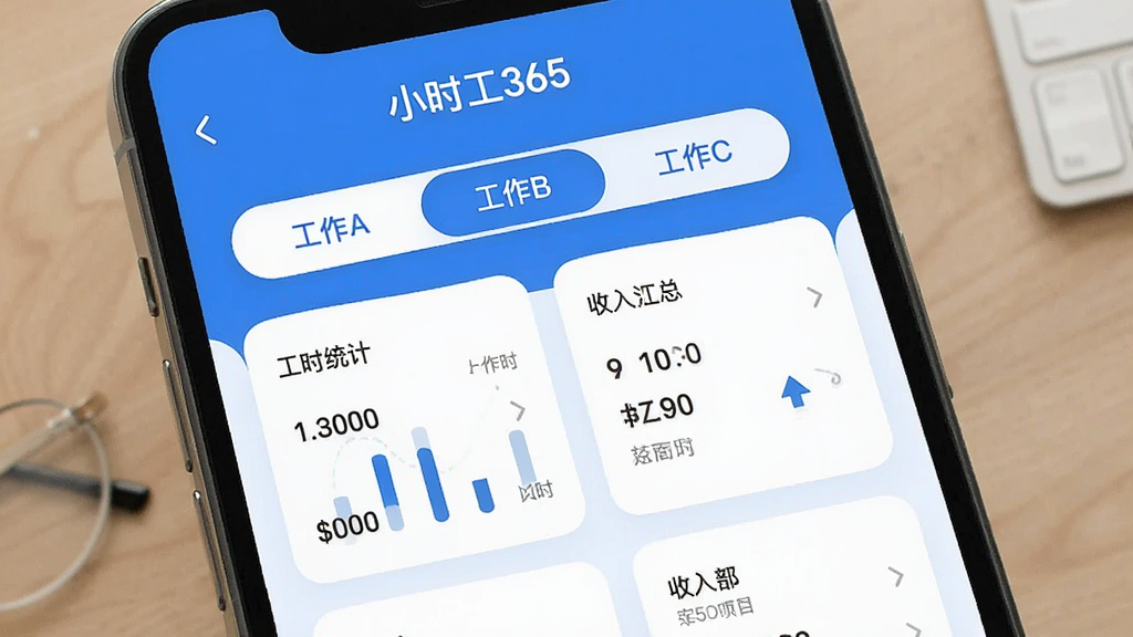 �ֻ�����չʾ��Сʱ��365���๤����Ŀ����ҳ�棬������ǩ����ʾ������A��������B��������C�������л���ť���·��ֱ���ʾ���ԵĹ�ʱͳ�ƺ�������ܣ�������ˬ��������ɫ����Ƭʽ���֣�Բ����ƣ����ʸɾ��޶���Ԫ��