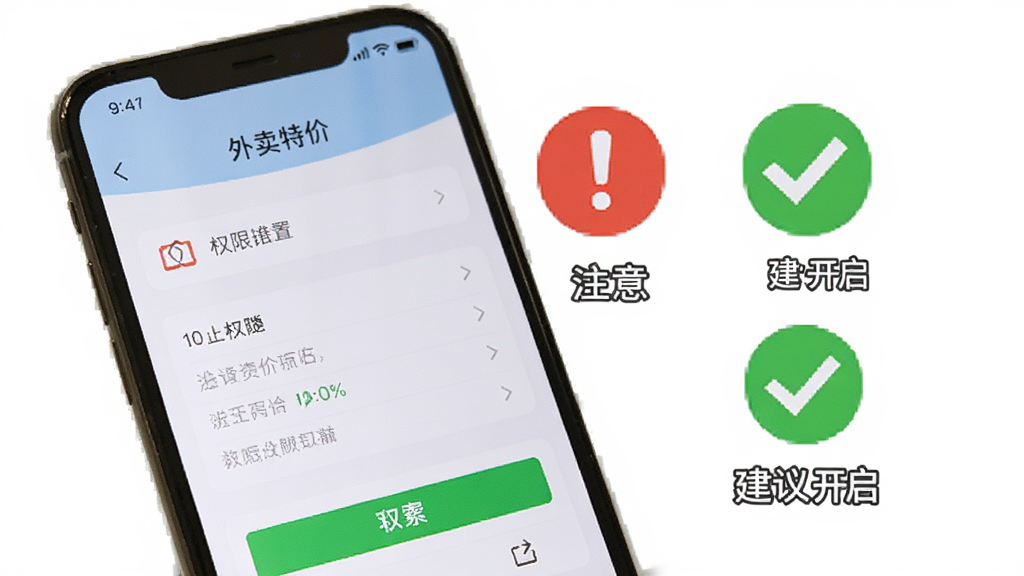 һ���ֻ���Ļ����ʾ���������ؼ�App��Ȩ������ҳ�棬�Ա��к�ɫ��̾�ź���ɫ�Թ���ͼʾ���ֱ��ע��ע�⡱�͡����鿪�������������ֱ��