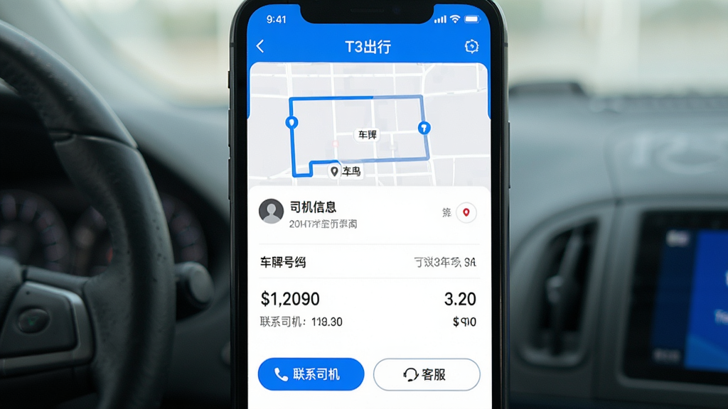 һ��չʾT3����APP��������ҳ���ͼƬ����Ļ����ʾ�г�·�ߡ�˾����Ϣ�����ƺźͷ�����ϸ���·��С���ϵ˾�������ͷ����Ȱ�ť��������������ɫ��ɫ�������ʸɾ��޶���Ԫ��