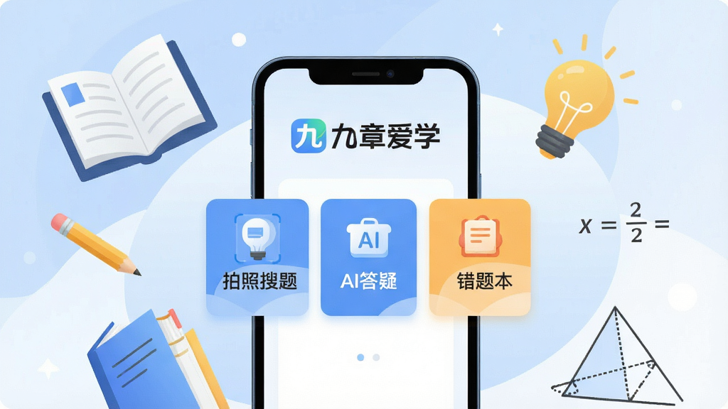 һ��չʾ�����°�ѧ��App����ȫò�Ĳ廭������������һ�������ֻ����ֻ���Ļ����ʾ�š����°�ѧ����Logo���������⡢AI���ɡ����Ȿ�������ܿ�Ƭ���ֻ���Χ�������鱾��Ǧ�ʡ����ݺ���ѧ����ͼ�Σ���������͵����׽���ɫ��������ִ���ƽ����ϸ�ڸɾ��������������޶���Ԫ��
