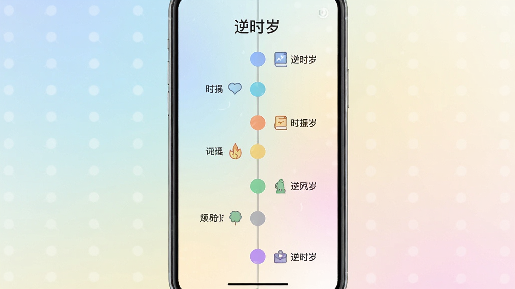 һ�š���ʱ�ꡱAppʱ�������Ľ�ͼ��������һ����ֱ��ʱ���߹ᴩ��Ļ��ʱ�����Ϸֲ��Ų�ͬ��ɫ��Բ�νڵ㣬ÿ���ڵ��Ա��м�̵����ֱ�ǩ��΢С��ͼ�꣬��������͵Ľ���ɫ������������գ��Ű����࣬�����������޶���Ԫ�ء�