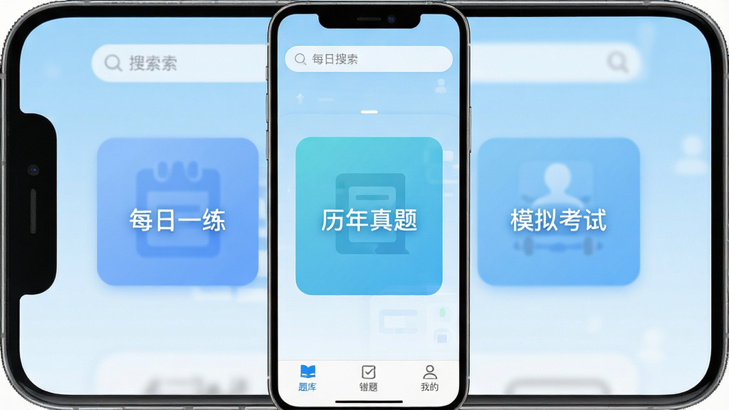 һ���ֻ���Ļչʾ�Կ������App�����棬�����������м��ǡ�ÿ��һ�������������⡱��ģ�⿼�ԡ�������ť���ײ��������С���⡱�����⡱���ҵġ���������ǳ��ɫ���䣬����ɾ����࣬����ִ���ƽ�������������޶���Ԫ��