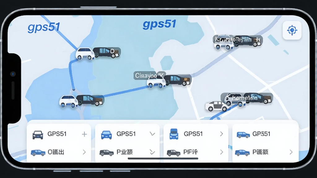 һ��չʾgps51ʵʱ��λ���ܵ�AI��ͼ�������������ֻ���Ļ��ʾ��ͼ���棬��ͼ���ж������ͼ��ֲ��ڲ�ͬλ�ã�ÿ��ͼ���Ա߱�ע�������ƣ���Ļ�Ϸ���gps51���������沼����������ͼ����ռ��Ļ�󲿷֣��·��ǳ����б���Ƭ������ִ���ƽ������ɫ�������ʸɾ��޶���Ԫ��