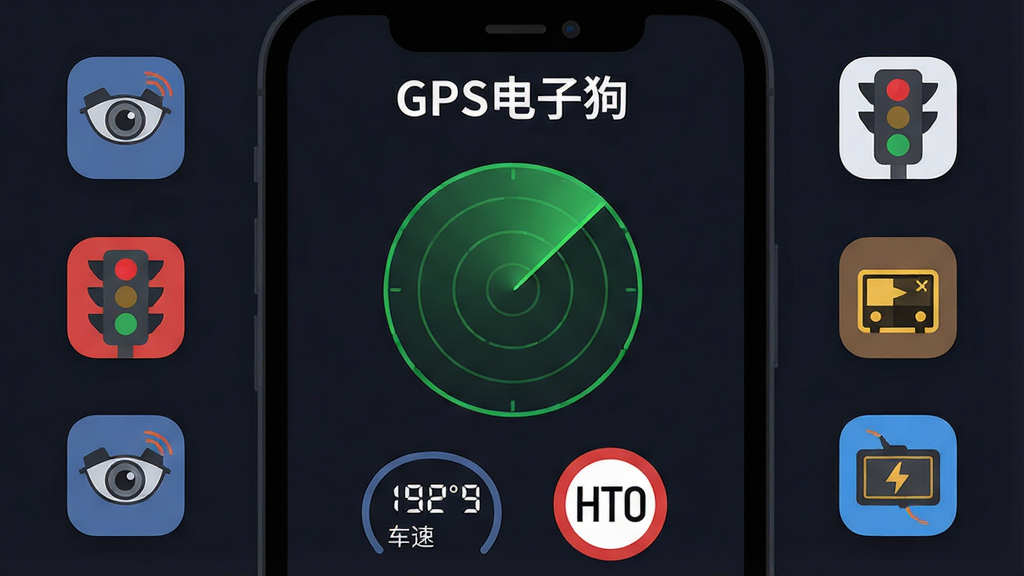 GPS���ӹ��ֻ�Ӧ��������չʾ����ɫ�����������Ǽ����״�ɨ�趯��ͼ�꣬�·���ʾ��ǰ���ٺ����ٱ�־�������С�GPS���ӹ���Ӧ�����ƣ���Χ�����ŵ����ۡ����̵ơ�������ٵ�Сͼ�꣬��������������ִ���ƽ��ϸ��Բ�󣬻��ʸɾ����޶���Ԫ��