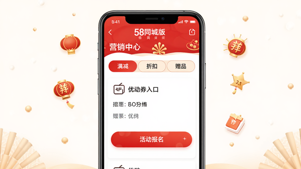 58ͬ���̼Ұ�Ӫ�����Ľ��棬�ֻ���Ļ��ʾ�Ż�ȯ����ҳ�棬�С����������ۿۡ�����Ʒ��ѡ����·��л������ڰ�ť�������׺�ź�ɫ�ͽ�ɫ��Ӫ����ΧСͼ�꣬���ϲ�쵫�����ֻ��ڣ����ʸɾ��޶���Ԫ��